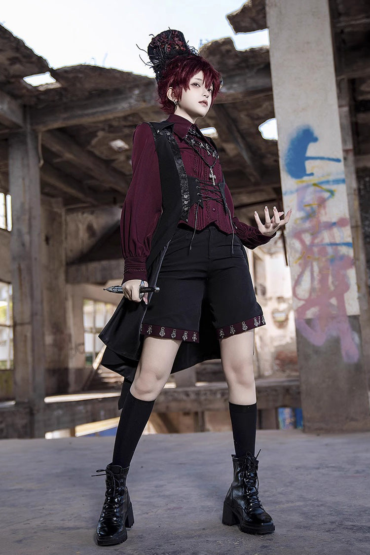 Red Lapel Collar Long Sleeves Embroidery Slim Gothic Vintage Prince Ouji Lolita Blouse