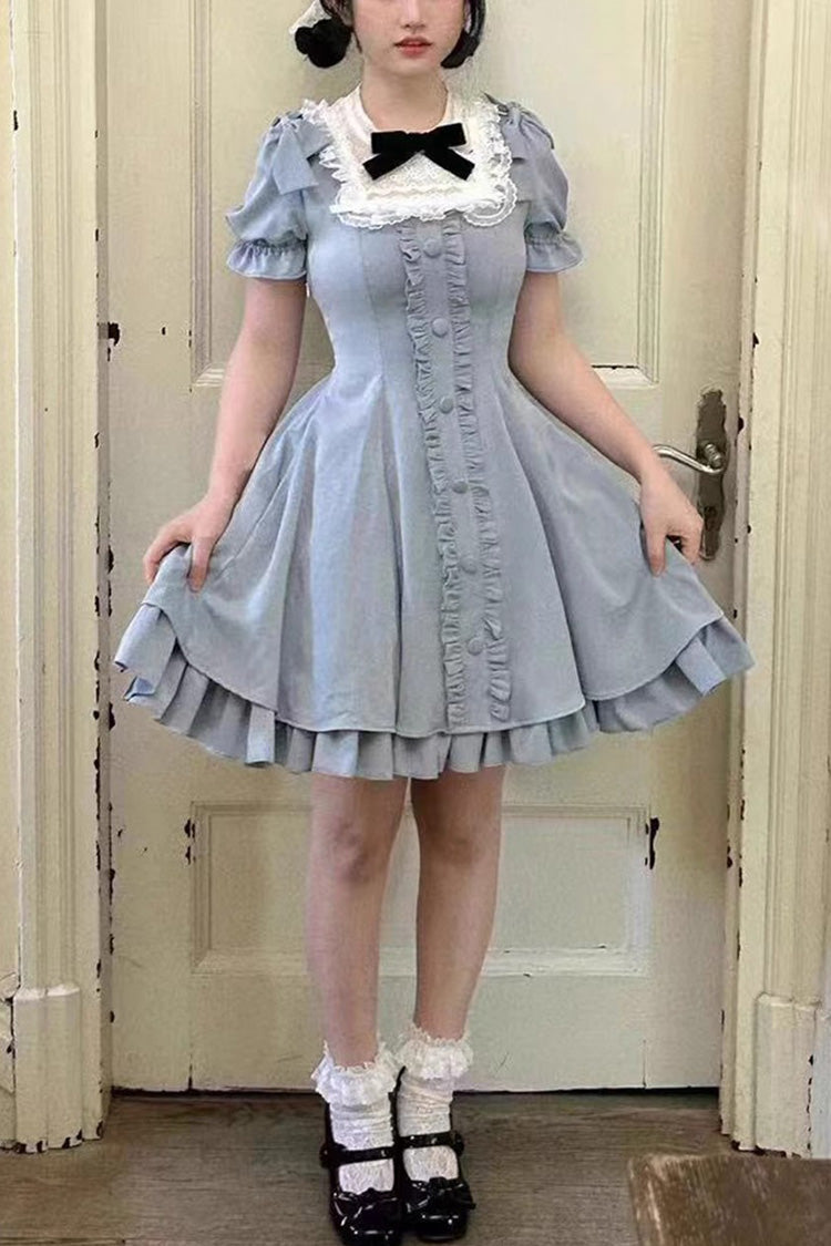 Light Blue Annie's Gift Short Sleeves Bowknot Short Version Sweet Lolita Dress (Plus Size Support)