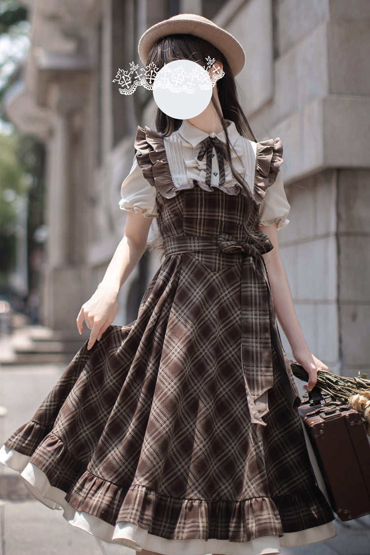 Brown [The Thames at Dusk] Print Short Sleeves Ruffle Bowknot Fake Two Pieces Vintage Lolita Dress