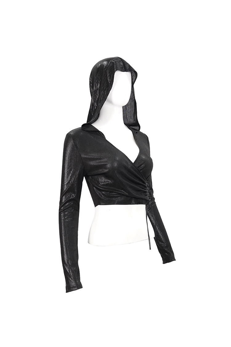 Schwarzes, glänzendes, vertikales Maserungsmuster, gebundenes Seildekor, kurzes Punk-T-Shirt für Damen mit Kapuze