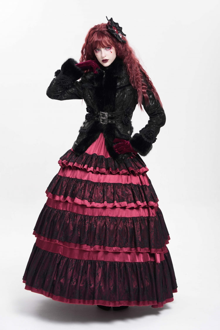 Black Long Sleeves Rose Floral Embroidery Buckle Straps Women's Gothic Coat