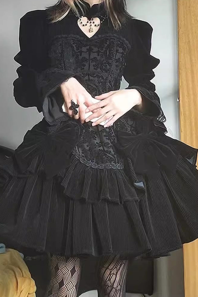 ブラック長袖ジャカードプリントフリルクラシックゴシックロリータドレス