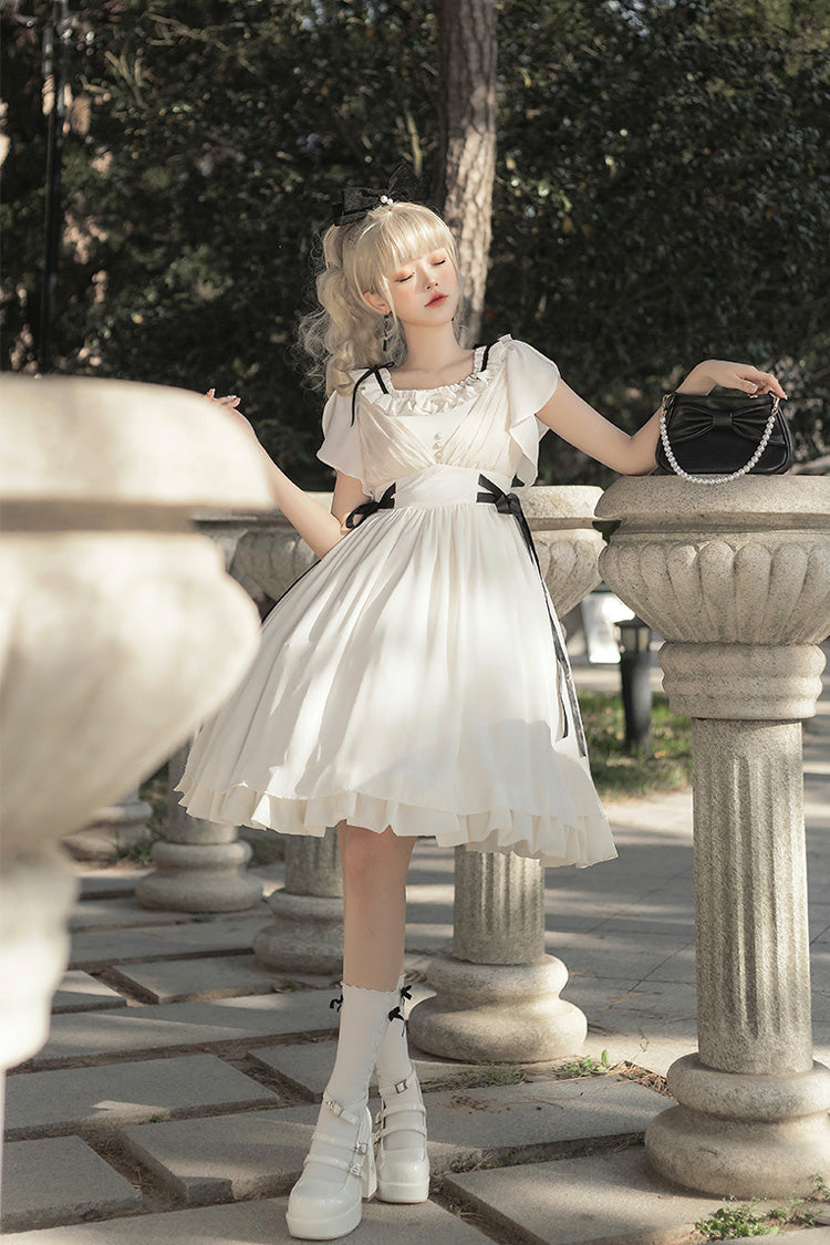 White Moonlight March Chiffon Short Sleeves Ruffle Sweet Lolita Dress