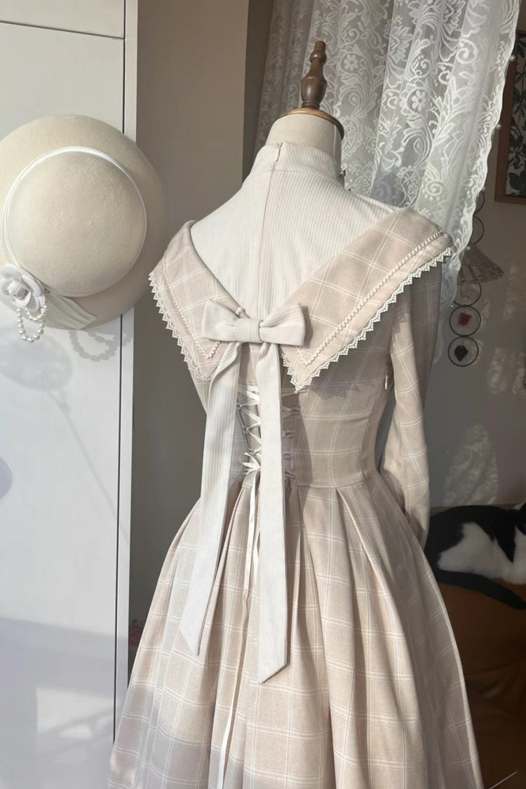 Aprikose [Fontainebleau] Langärmliges, kariertes Schleifenmuster, elegantes, süßes Lolita-Kleid