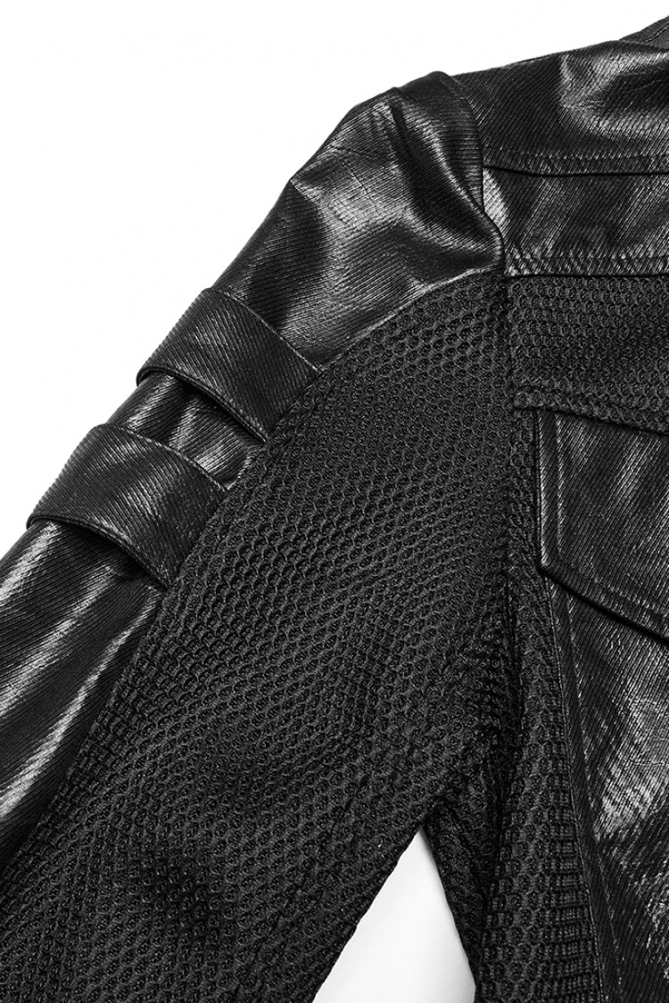 Manteau Punk pour Homme à Col Montant Noir Manches Longues en Similicuir et Maille 