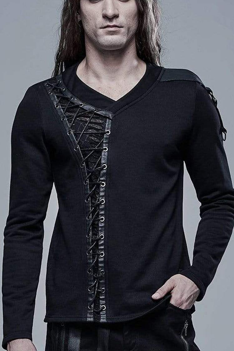 Black Long Sleeve Knit Front Splice Imitation Leather Lace Up Men's Punk T-Shirt