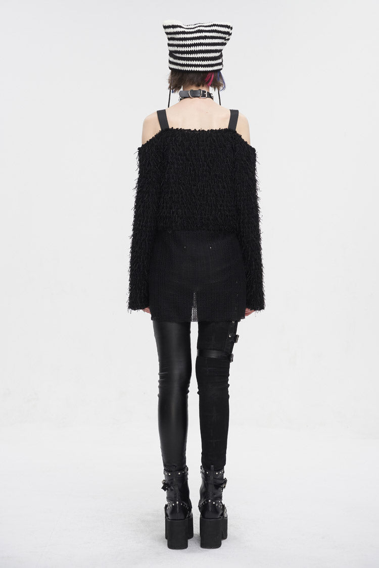 Black Irregular Off Shoulder Fluffy Women's Punk Sweater