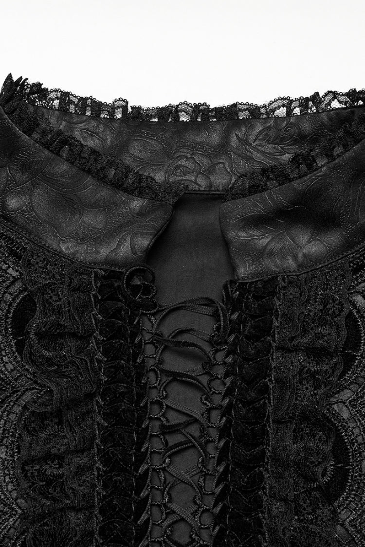 Black Stand Collar Long Sleeves Ruffle Embroidery Lace-Up Plunging Rose Men's Gothic Blouse
