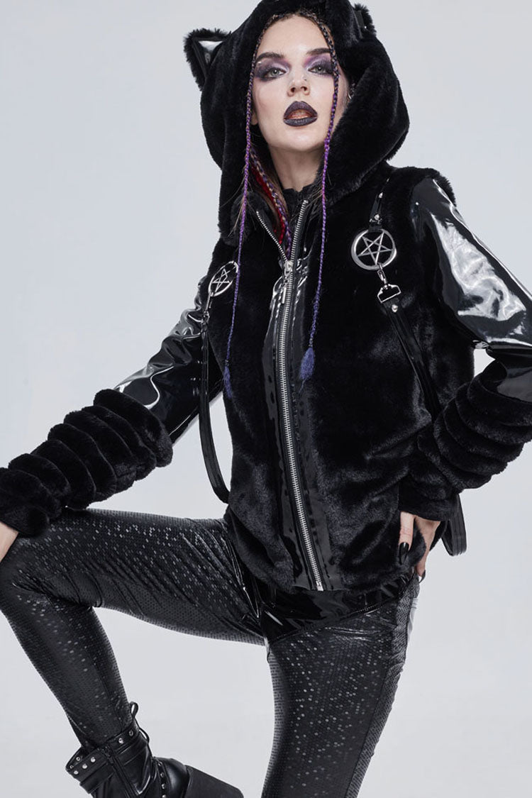 Black Punk Cuff Pleated Design Metal Five-Pointed Star Shape Belt Decoration Cat Ear Women's Coat