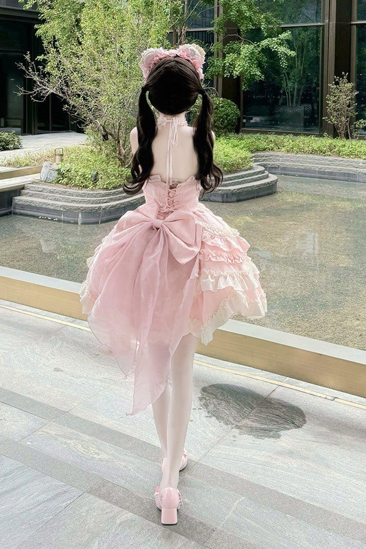 Pink [Heart of Butterfly] Halterneck Sleeveless Multi-Layered Ruffle Embroidery Princess Ballet Lolita Jsk Dress Set