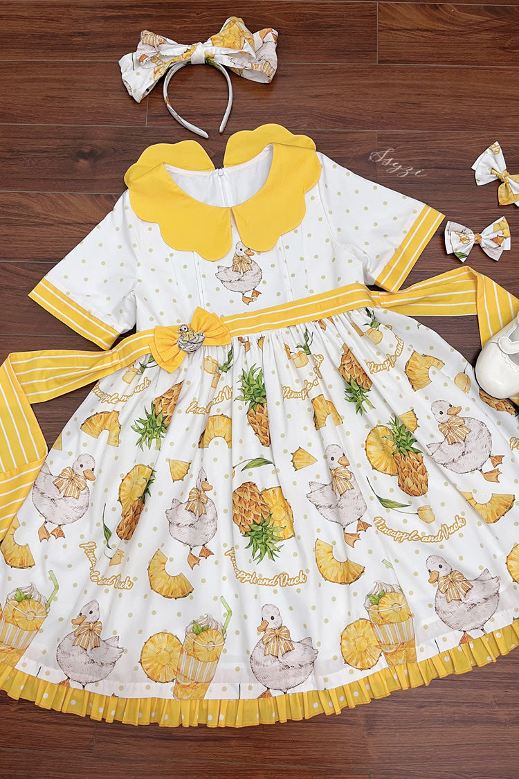 White/Yellow Short Sleeves Duck Print Bowknot Sweet Lolita OP Dress