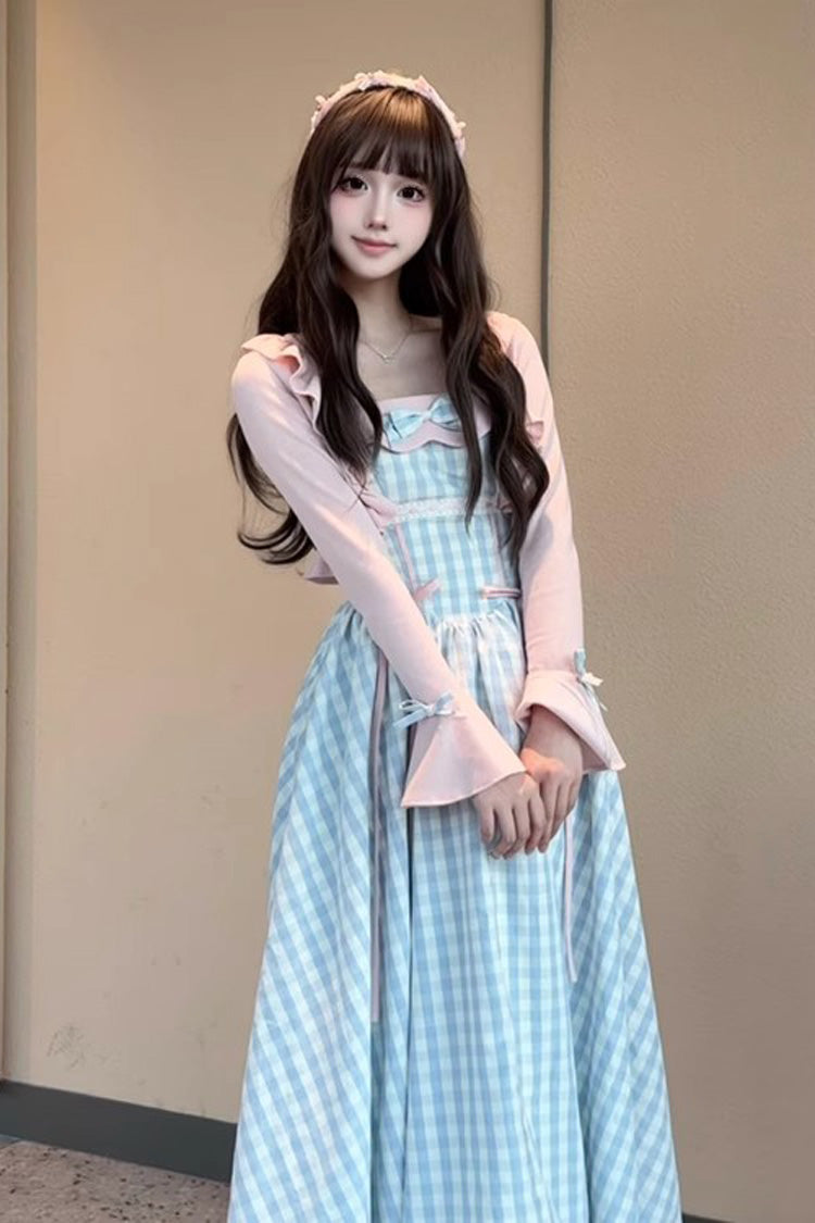 Blue [Sea Salt Strawberries] Sleeveless Plaid Print Bowknot Sweet Lolita Jsk Long Dress