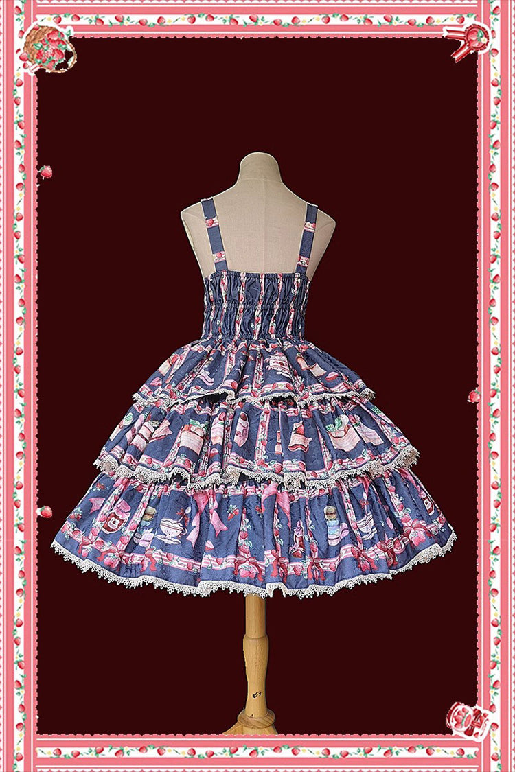 Strawberry Afternoon Tea Cake Ice Cream Print Bowknot Sleeveless Sweet Lolita Tiered Dress 3 Colors
