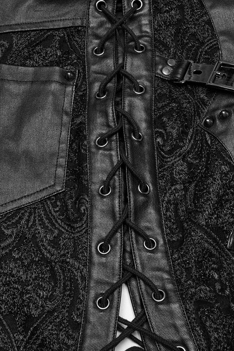Black Studded Embossed Embroidery Lace-Up Women's Gothic Skirt