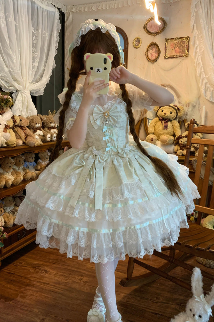 Green [Snow Kissed Romance] Sleeveless High Waisted Multi-Layered Bowknot Lace Pearl Sweet Ballet Lolita Jsk Dress