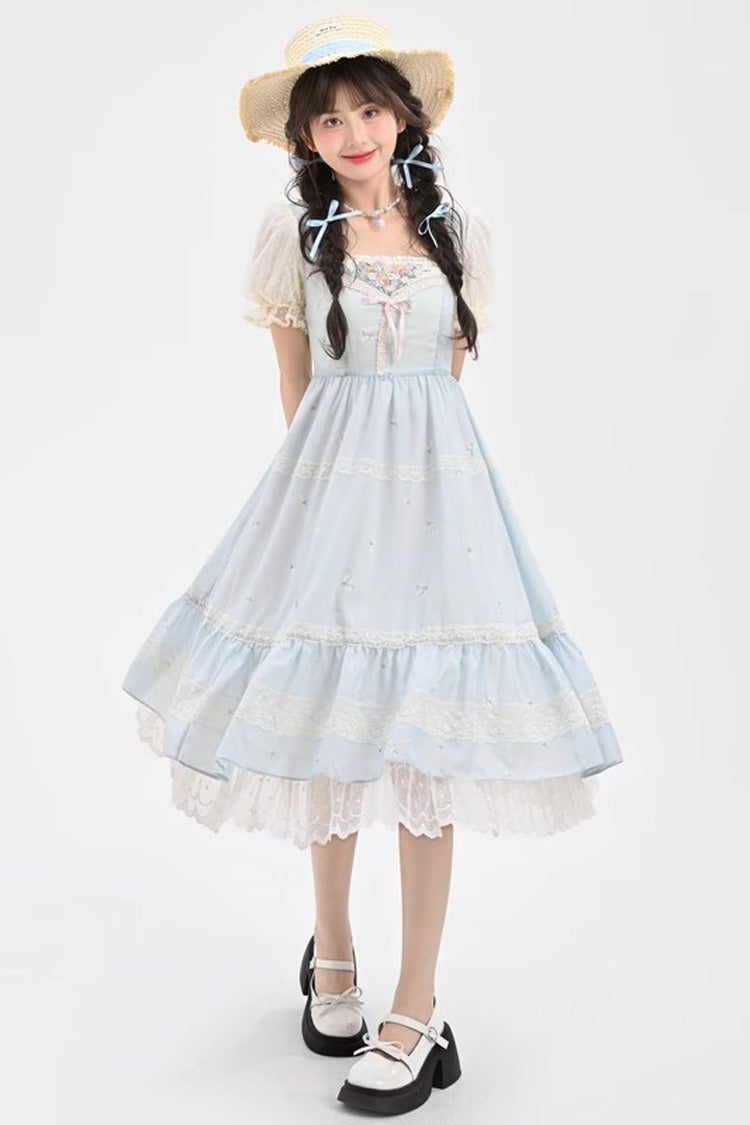 Blue Short Sleeves Embroidery Bowknot Lace Sweet Princess Lolita Dress