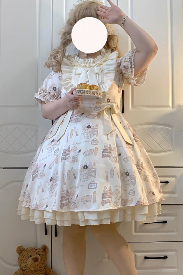 Ivory Short Puff Sleeves Print Ruffle Bowknot Plus Size Princess Lolita Dress