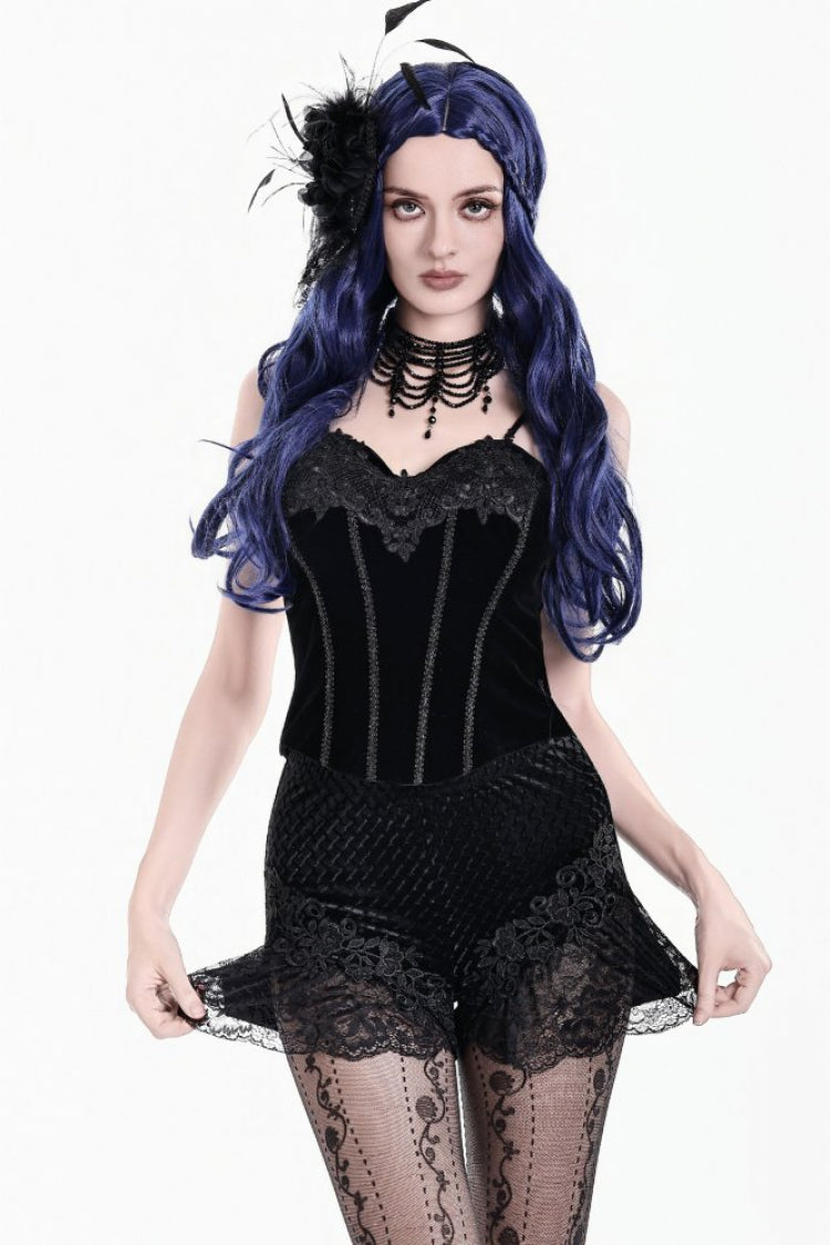 Black Women's Gothic Floral Embossed Velvet Shorts with Sheer Lace Trim