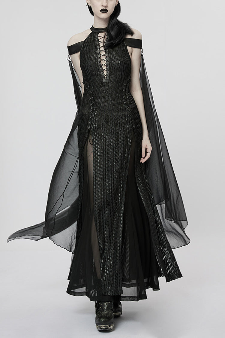 Black Side Slit Hollow Lace-Up Slim Mesh Women's Gothic Dress with Detachable Cape