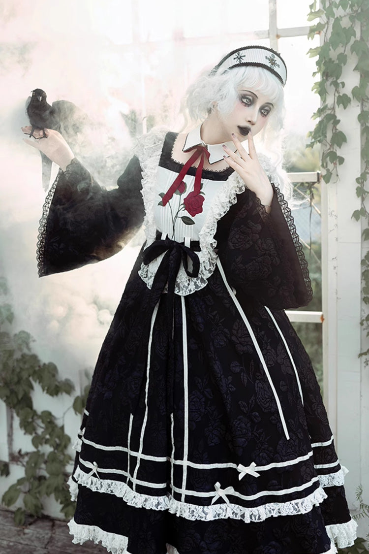 Black [Rose Choir] Double-Layered Ruffle Embroidery Bowknot Lace Gothic Elegant Nun Lolita Dress