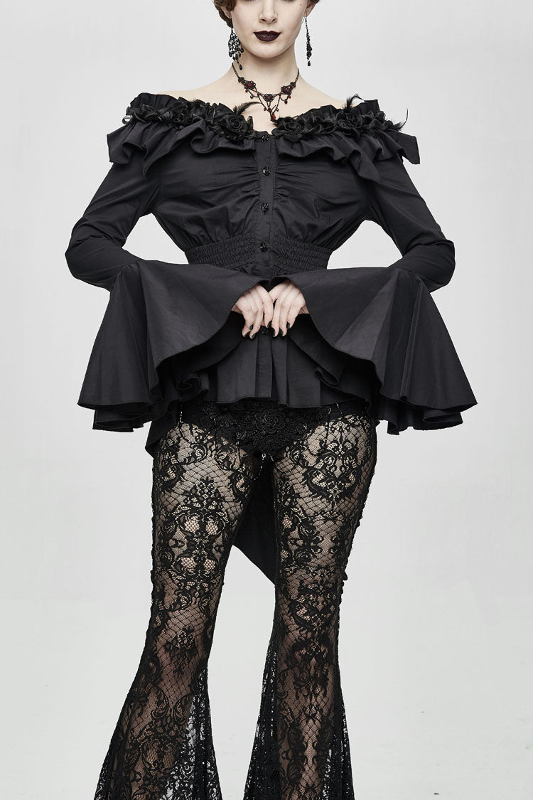 Schwarze Rosenblüten-Dekoration, Ein-Wort-Kragen, lange Ärmel, ausgestellte Manschette, Gothic-Bluse für Damen