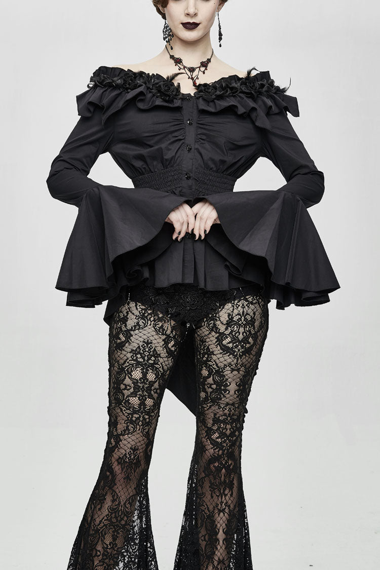 Black Rose Flowers Decoration One-Word Collar Long Sleeve Flare Cuff Women's Gothic Blouse