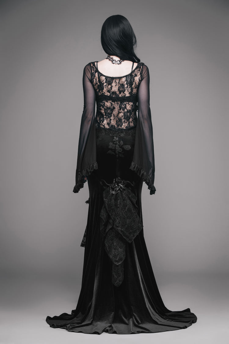 Schwarzes Spitzenkragen, große ausgestellte Ärmel, Rosenspitze, Netzstoff, Gothic-T-Shirt für Damen