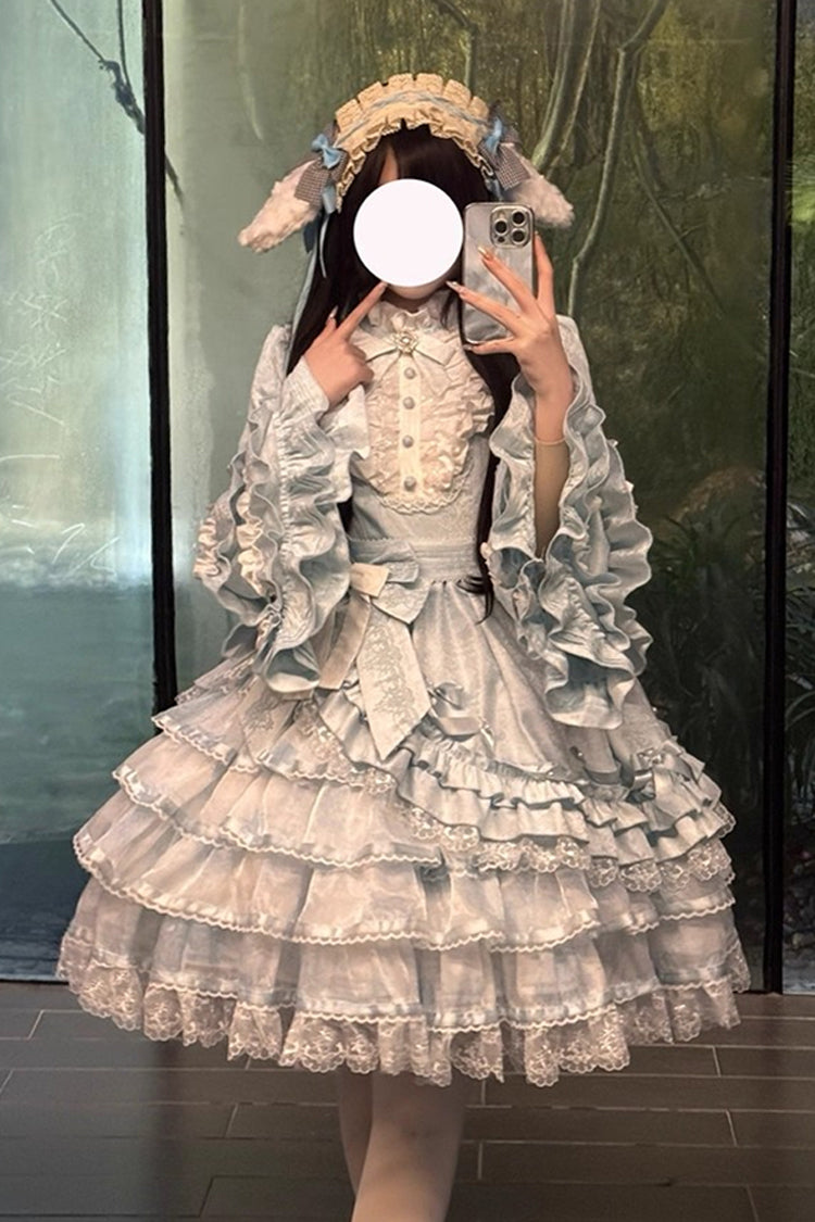 Blue [The Soloist Doll] Long Hime Sleeves Multi-Layered Print Ruffle Bowknot Asymmetric Sweet Lolita Dress