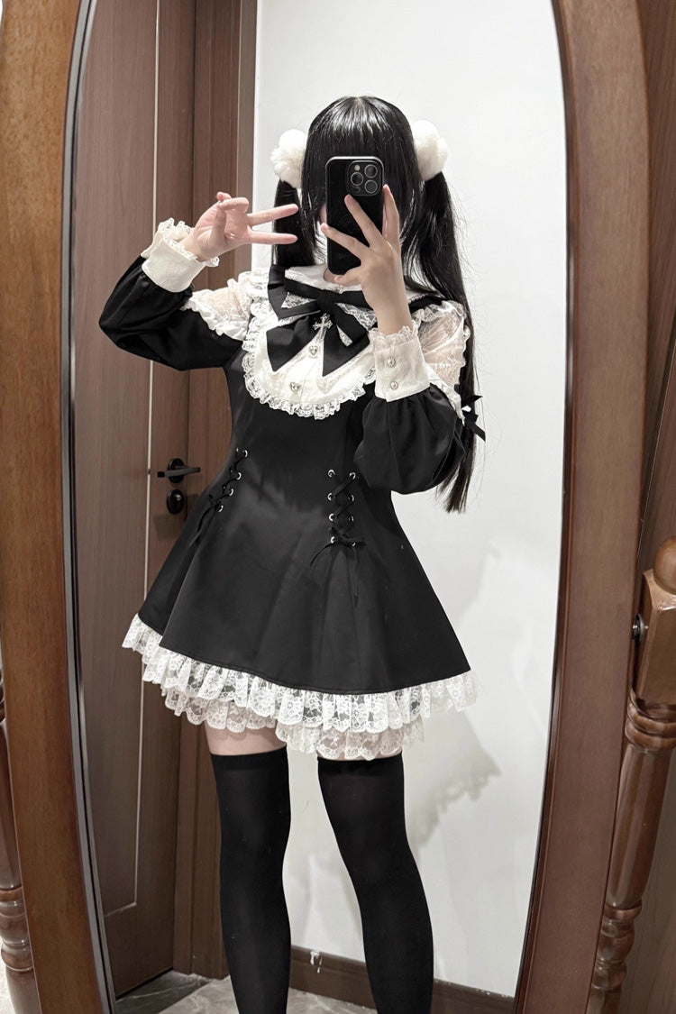 Black/White [Divine love] Long Sleeves Hollow Bowknot Lace Lace-Up Sweet Jirai Kei Dress Shorts Set