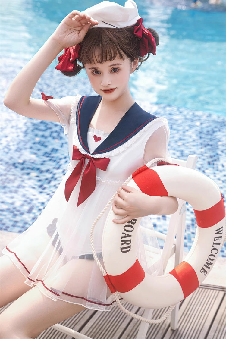 White/Blue/Red Bowknot Short Sleeves Navy Cute Sweet Lolita One Piece Swimsuit