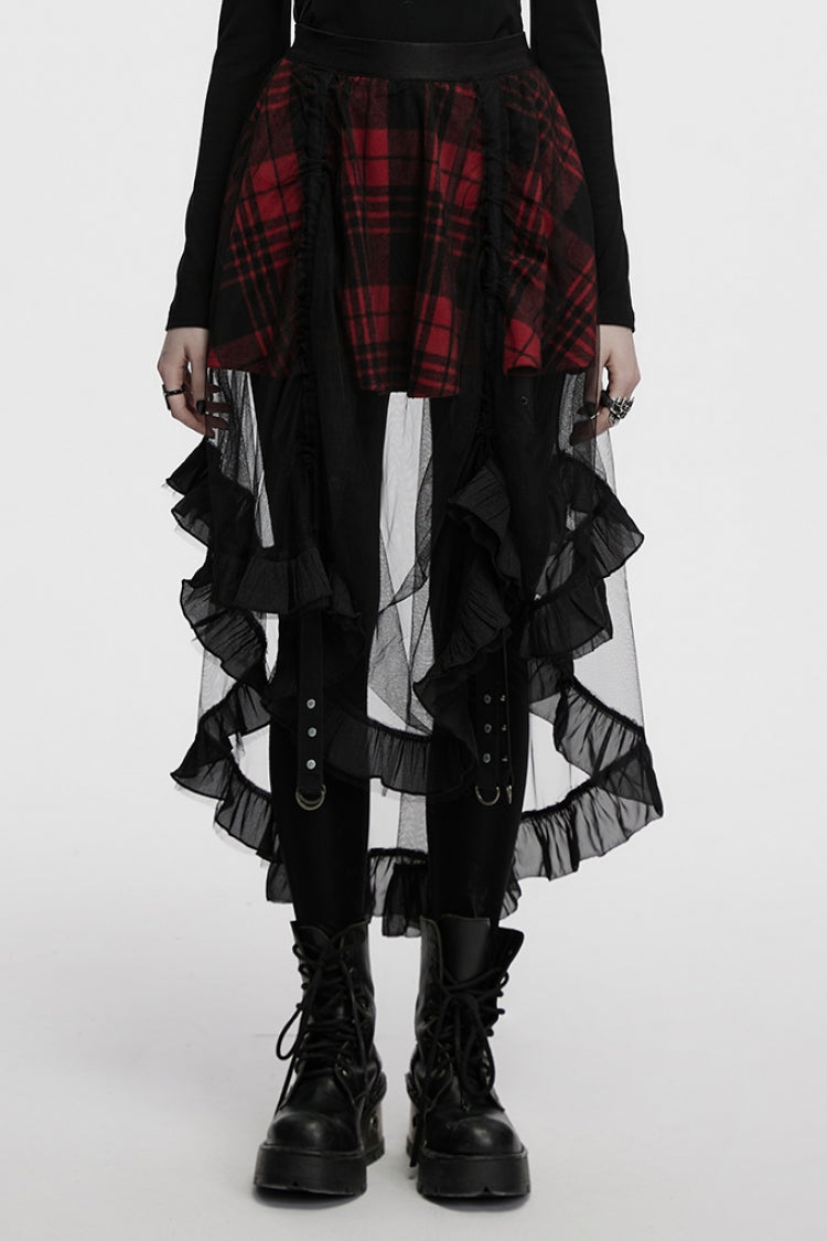 Black/Red Ruffle Stitching Mesh Plaid High/low Women's Gothic Skirt