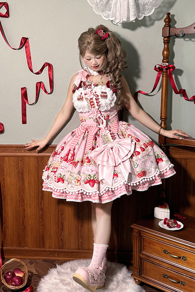 Mint Strawberry Dessert Print Natural Waisted Ruffle Bowknot Sweet Lolita JSK Dress 4 Colors