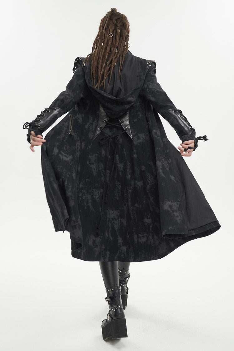 Black Faux Leather Splice With Hood Irregular Pattern Print Long Women's Punk Coat