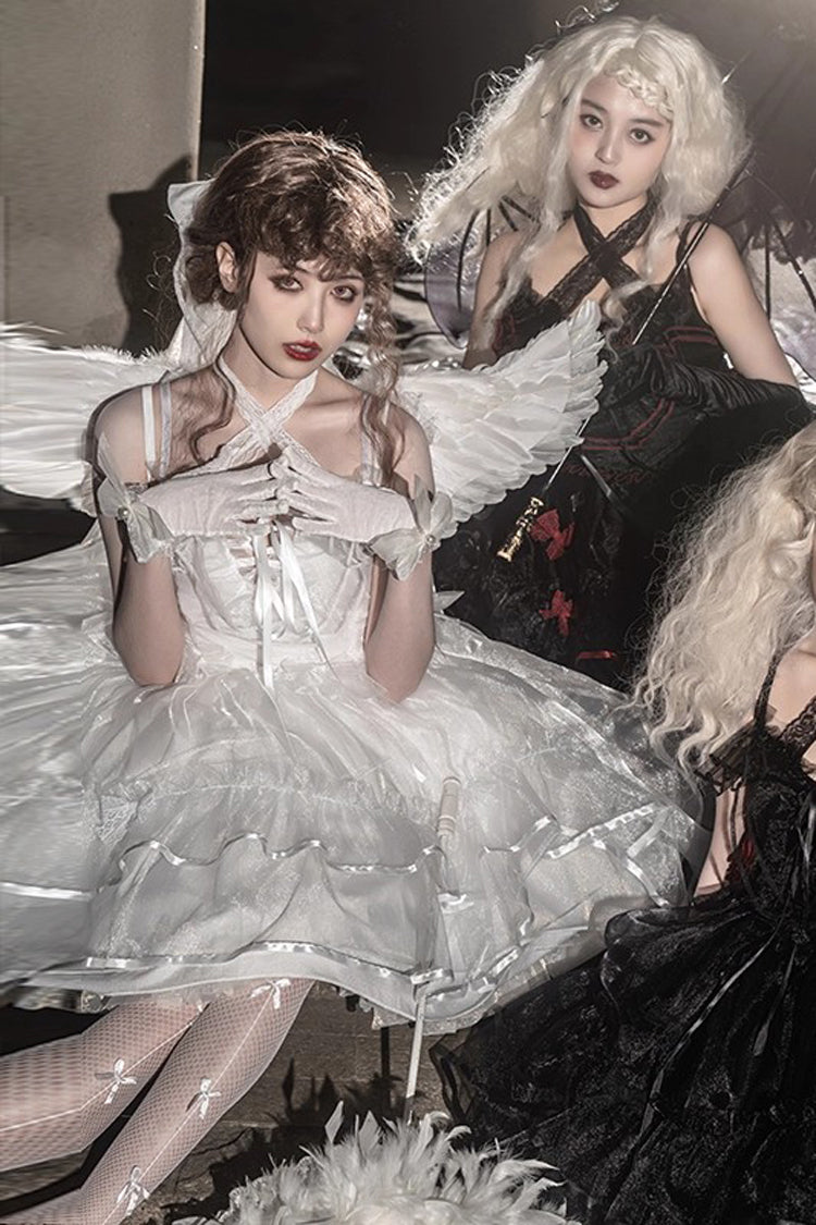 [Seven Deadly Sins] Sleeveless Double-Layered Ruffle Hanayome Bowknot Lace Gothic Plus Size Lolita Jsk Dress 3 Colors