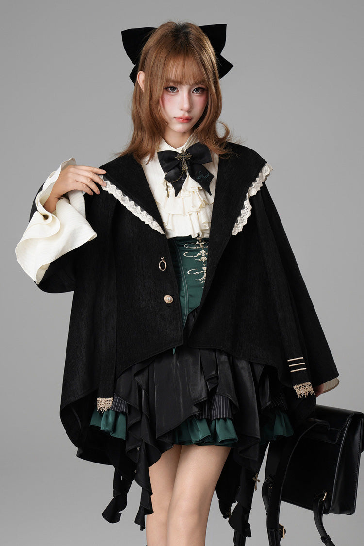 Schwarzer [Clock of Reincarnation Cycles] süßer Lolita-Mantel mit Katzenohren und magischer Kapuze
