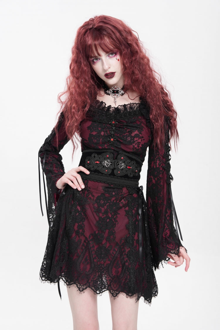Red Square Collar Long Sleeves Floral Embroidery Lace Lace-Up Women's Gothic Dress