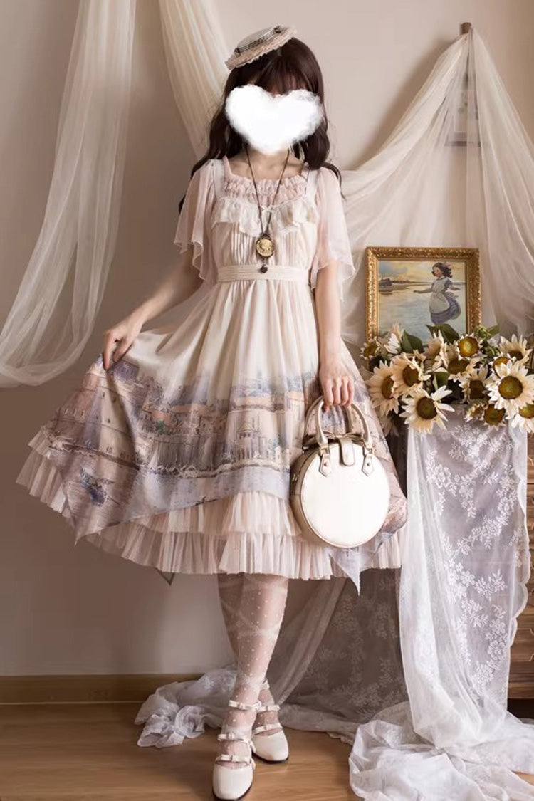 Apricot [Adria] Multi-Layered Printed Irregular Sweet Lolita Jsk Dress