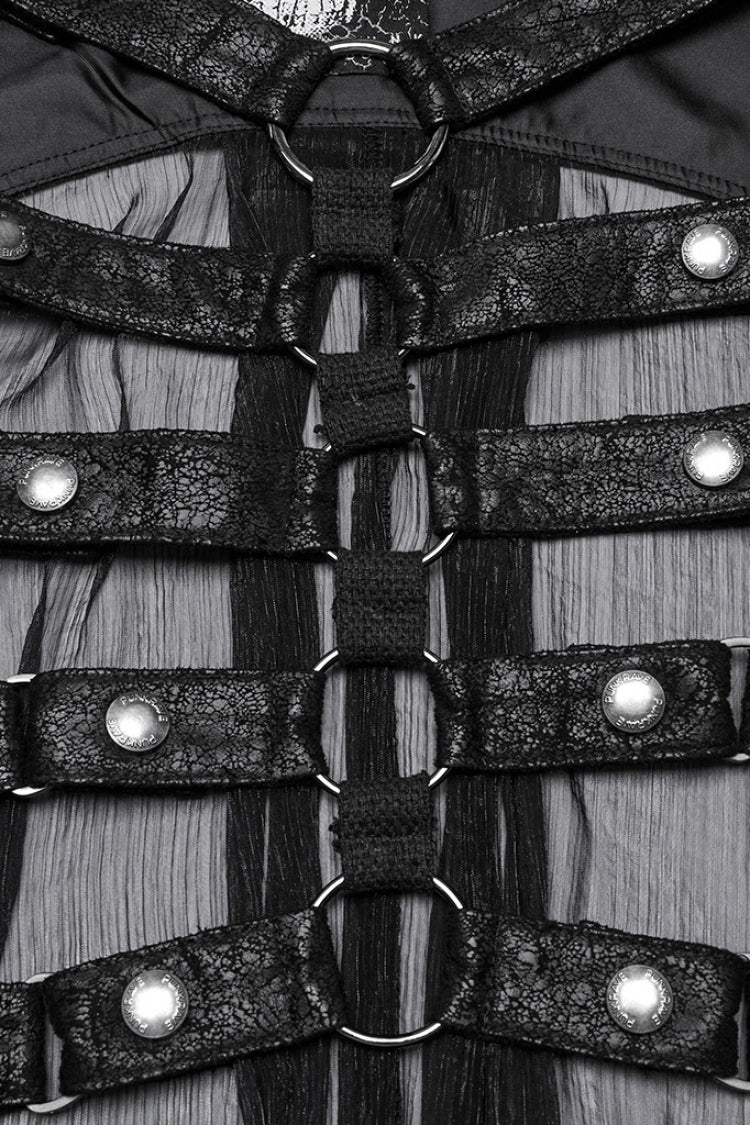 Black Sleeveless Hooded Mesh Women's Punk Harness Vest