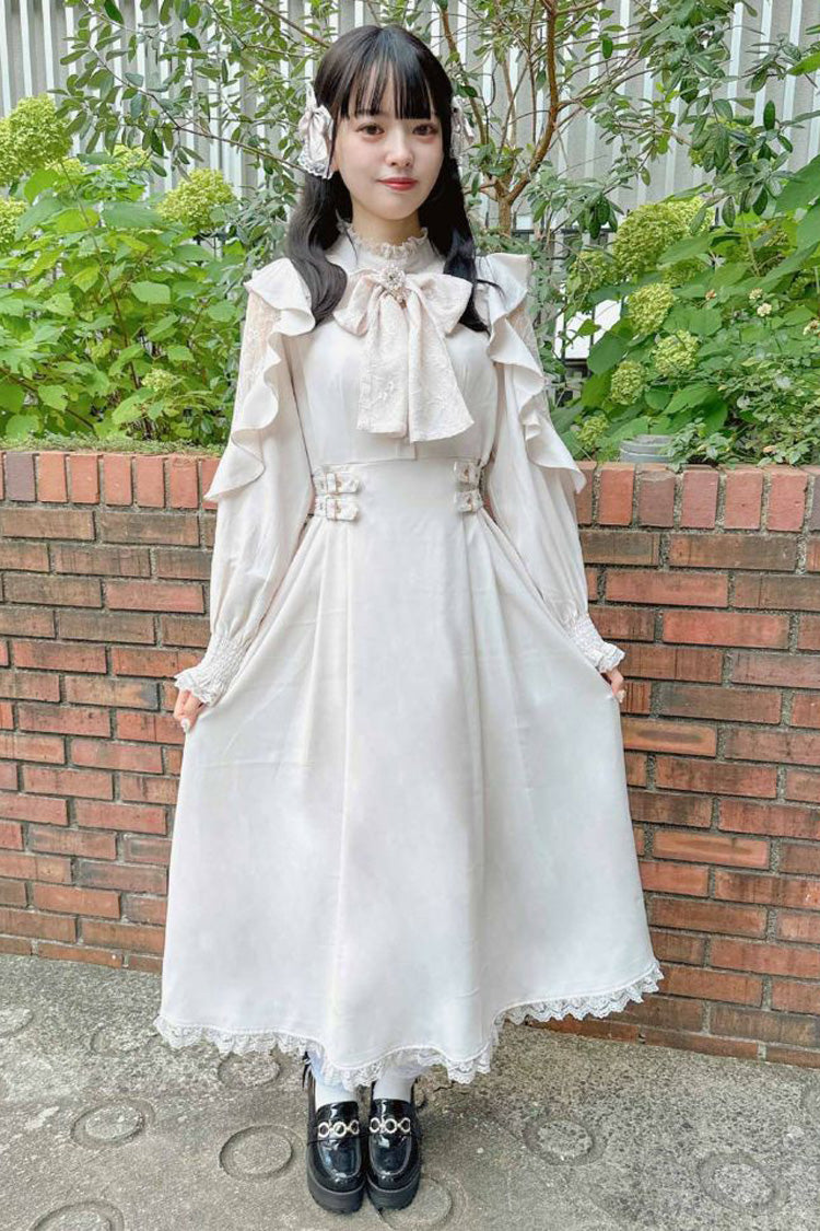 Weißes, schulterfreies, langärmliges, schulterfreies Jirai Kei-Kleid mit hohler Schleife