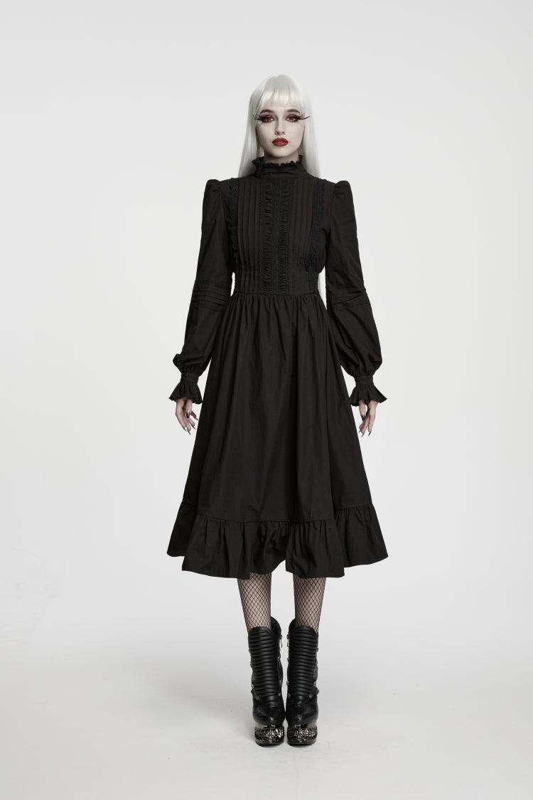 Black Stand Collar Long Trumpet Sleeves Pleated Women's Gothic Royal Dress