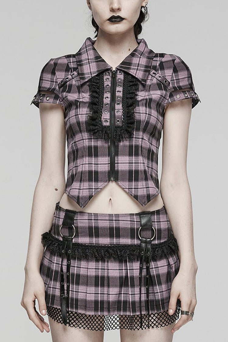 Damen Bluse mit kurzen Ärmeln, Karomuster, hohle Spitze, Steampunk-Stil, 2 Farben