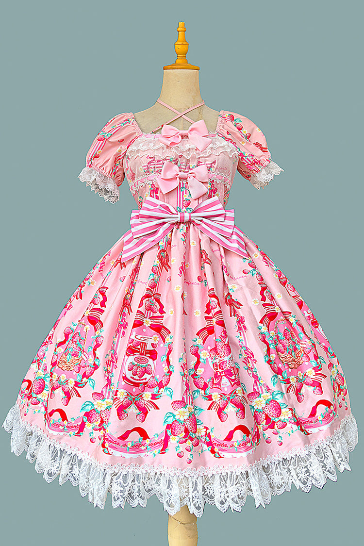 [Strawberry Chef] Short Sleeves Print Bowknot Lace Sweet Lolita Dress 4 Colors