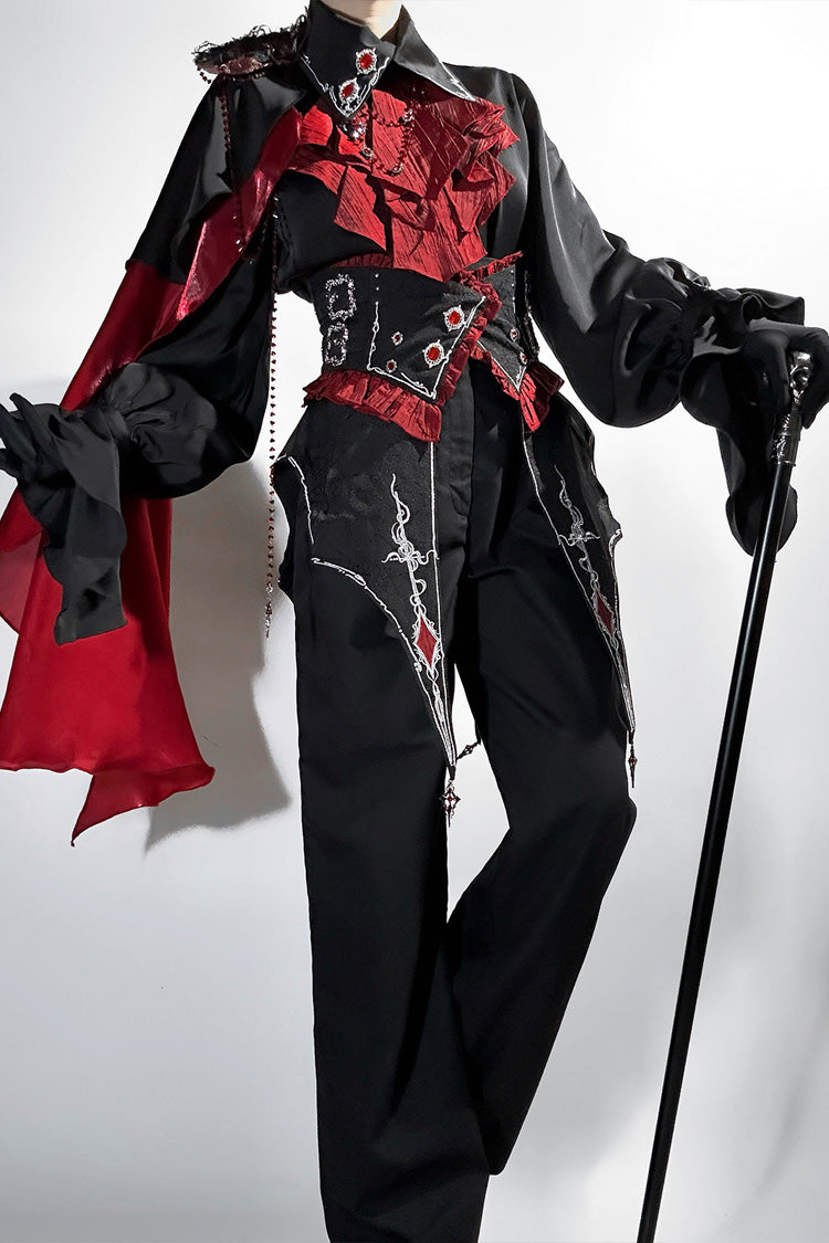 Schwarz/Rot [Crimson Oath] Reverskragen, lange Ärmel, besticktes Gothic-Ouji-Lolita-Hosenset