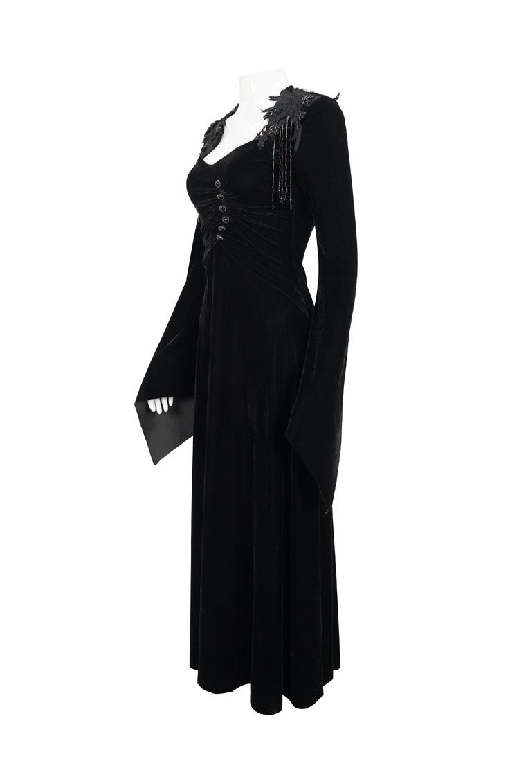 Black Embroidered Fringe Flared Sleeve Women's Gothic Dress