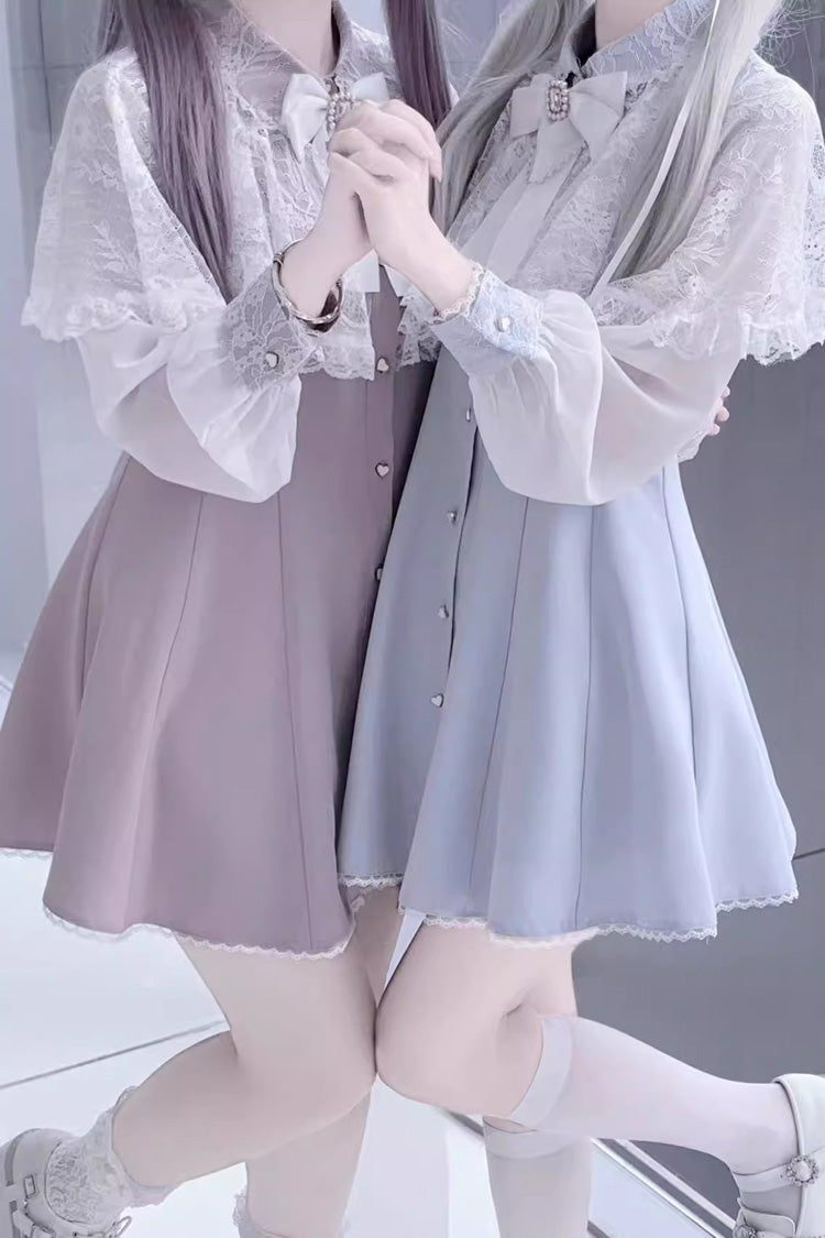 Aquamarines, langärmliges, schmales Jirai Kei-Kleid mit Schalkragen und Spitzen