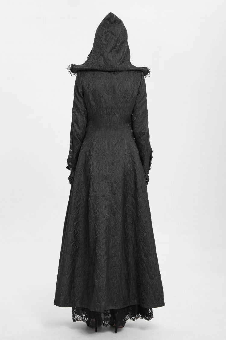Black Stand Collar Long Sleeves Ruffle Hooded Women's Gothic Long Coat