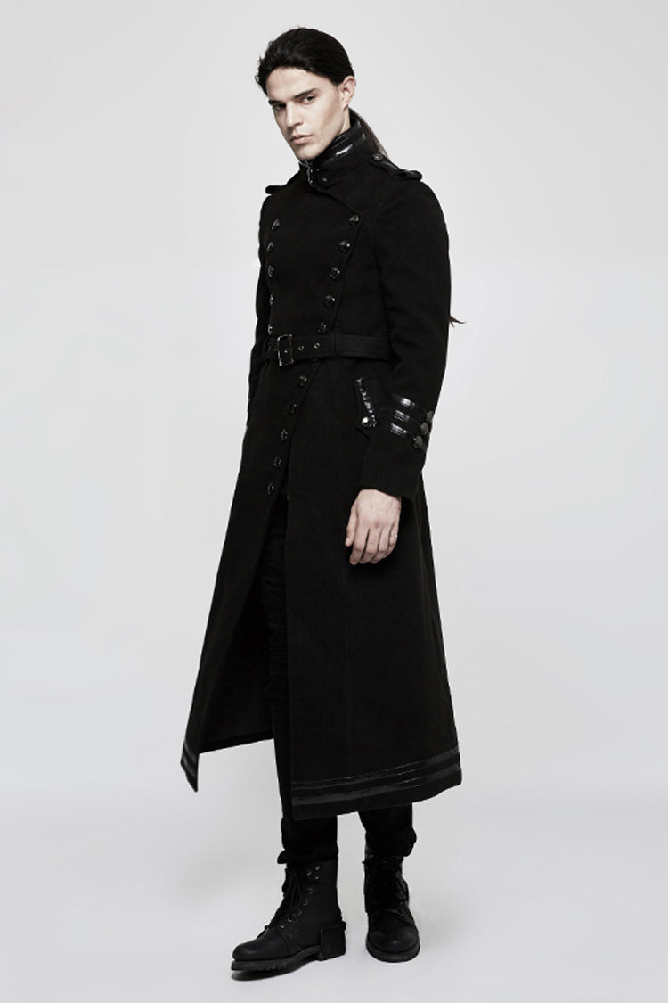 Black Military Uniform Double Breasted Men's Long Gothic Coat With Belt