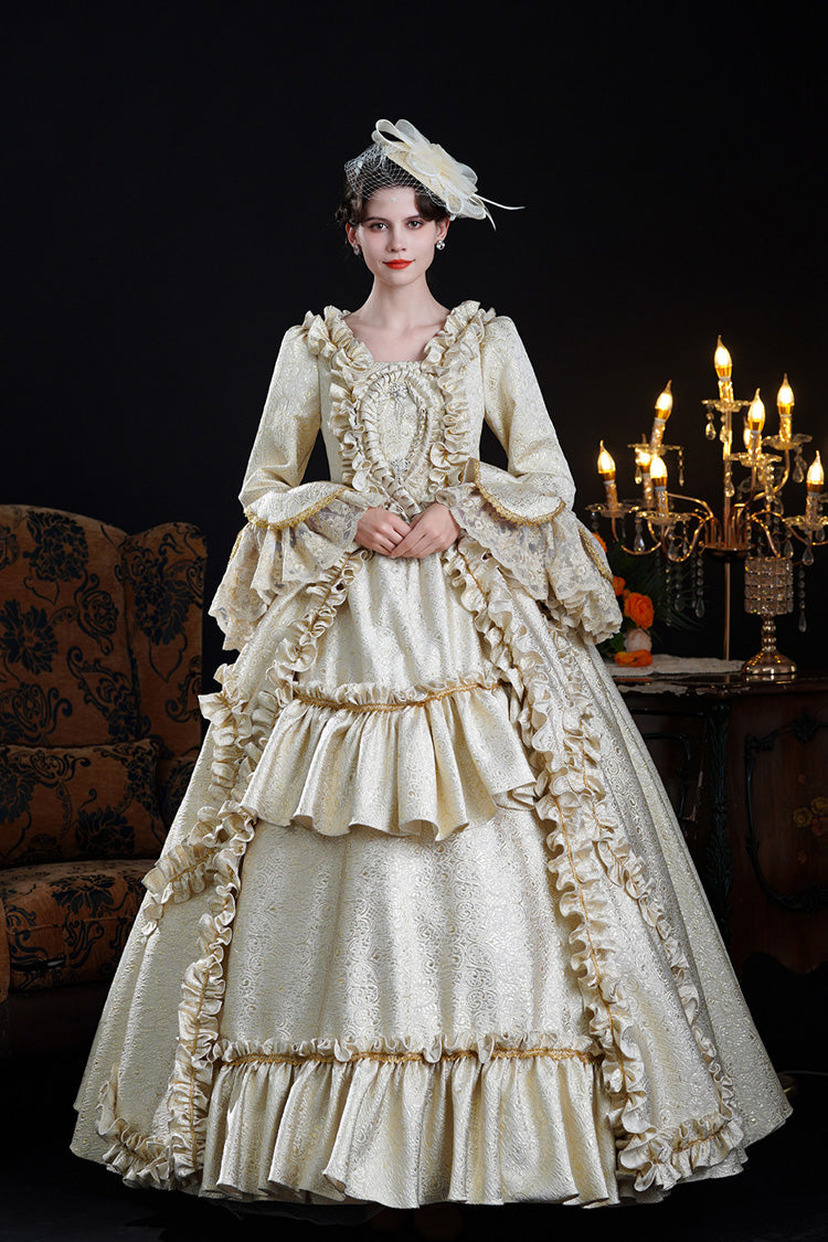 Champagne Square Collar Long Trumpet Sleeves Double-Layered Ruffled Open-Front Classic Vintage Palace Lolita Victorian Dress
