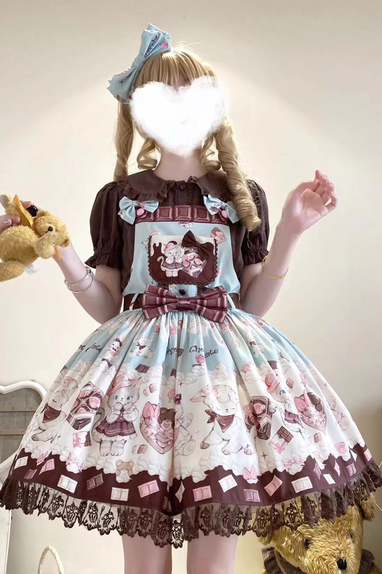 Chocolate Rosette Cat Print Bowknot Stitching Lace Sweet Lolita Jsk Dress 4 Colors