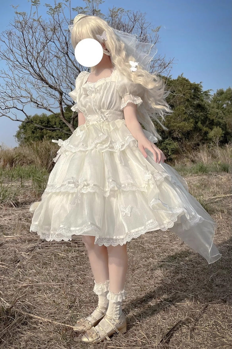 Ivory Square Collar Short Sleeves High Waisted Multi-layer Ruffle Sweet Plus Size Lolita Dress
